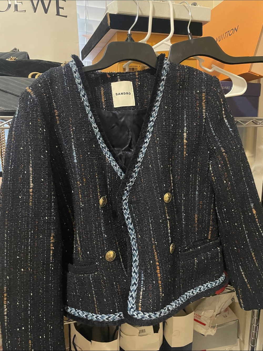 Sandro Navy Tweed Double-Breasted Blazer with Light Blue Braided Trim